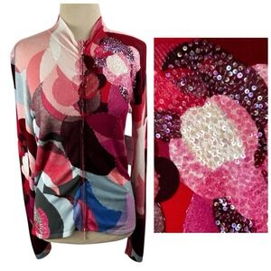 ALBERTO MAKALI New Pink Sequin Floral CARDIGAN SWEATER S Whimsical Art to Wear